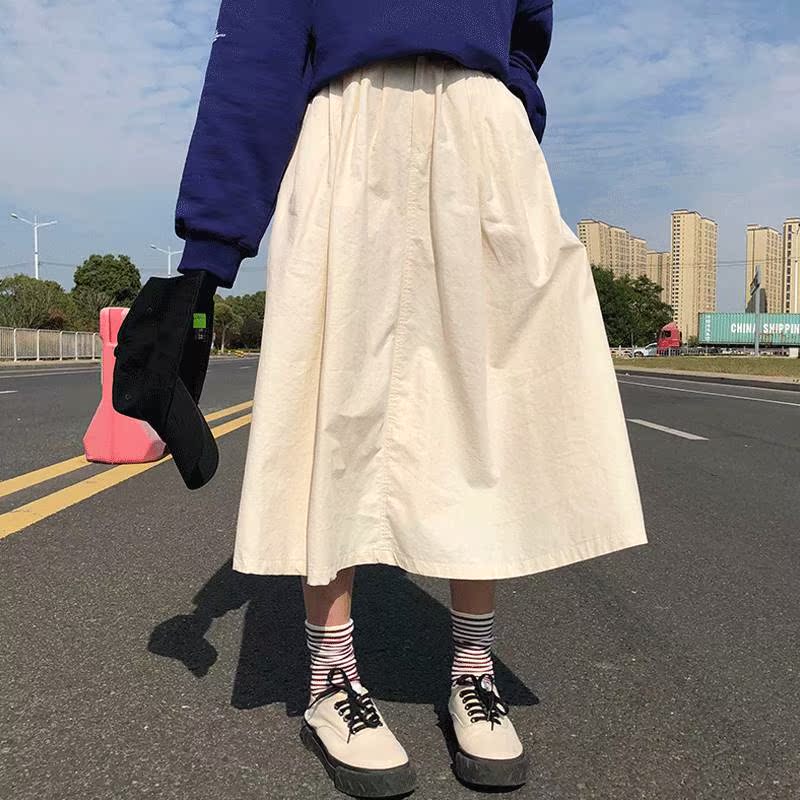 复古休闲百搭半身裙女秋季新款高腰显瘦百搭松紧腰中长裙学生潮|msdalam kategori Butik wanita / wanita, skirt - dari Buy2taobao.com untuk memberikan perkhidmatan ejen Taobao profesional membeli