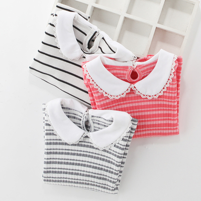 女童喇叭长袖条纹打底衫春秋翻领韩版新品百搭洋气t恤上衣单衫潮