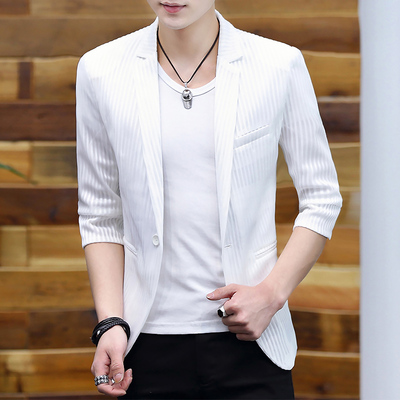 夏季薄款短袖西装外套男韩版修身七分袖西服中袖镂空帅气防晒衣服