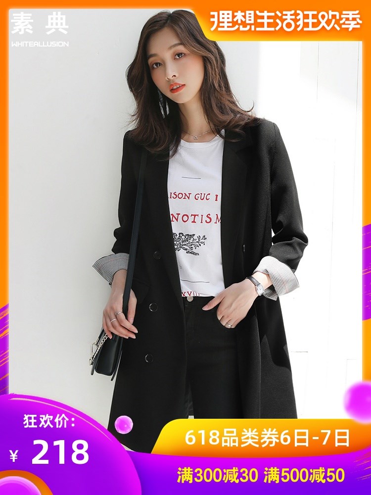 黑色西装外套女韩版2019春秋新款时尚显瘦双排扣中长款休闲小西服|msdalam kategori Butik wanita / wanita, saman - dari Buy2taobao.com untuk memberikan perkhidmatan ejen Taobao profesional membeli