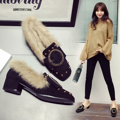 英伦棉鞋粗跟毛毛鞋2018秋季新款中跟鞋子加绒单鞋韩版百搭女鞋冬