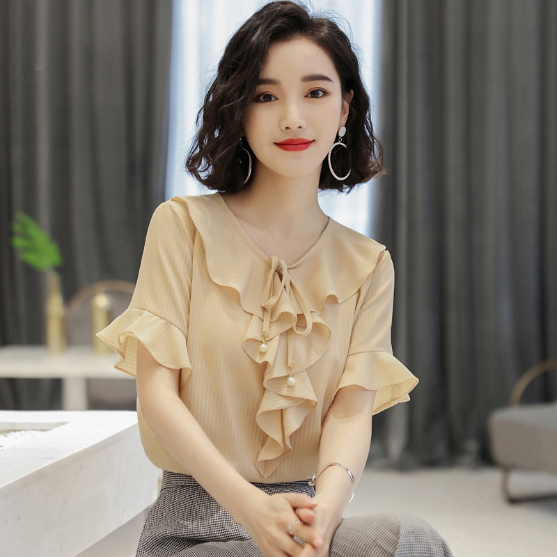 喇叭袖上衣2019新款夏裝女裝洋氣小衫超仙甜美荷葉邊短袖雪紡衫潮在類目 女裝/女士精品, 蕾絲衫/雪紡衫中 - 來自Buy2taobao.com提供專業的淘寶代購服務