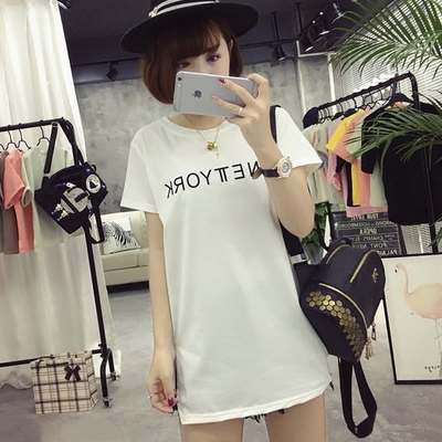 学生女夏季修身短袖连衣裙韩版开叉显瘦夏装2018新款中长款t恤女