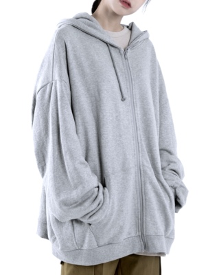 rassr 韩国小众 宽松百搭胯肩休闲纯色连帽拉链男女卫衣外套