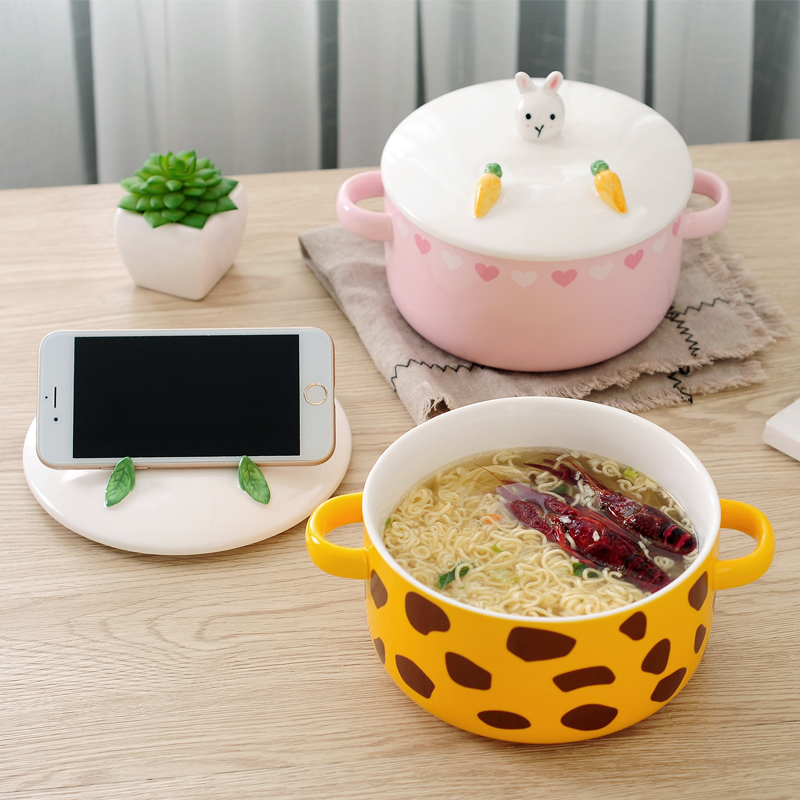 Korean Edition lovely Cartoon animal ceramics A bowl of instant noodles With cover student Bracket household tableware Binaural Soup bowl Rice bowlin the Tableware , Tableware , Bowl category - from Buy2taobao.com to provide professional Taobao agent buy service