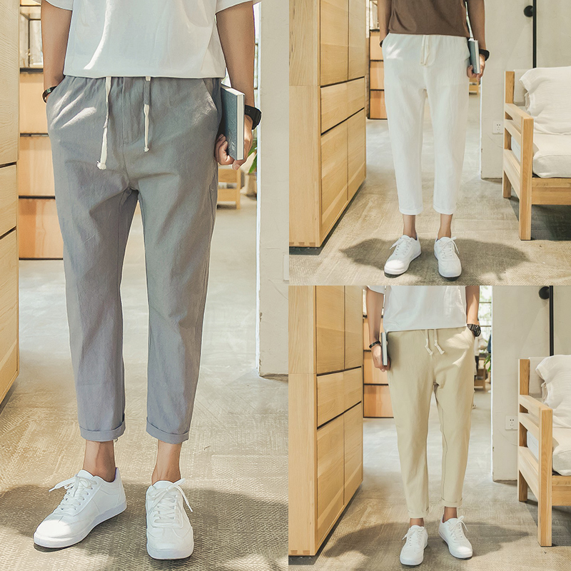Drawstring trousers Elastic band Ninth pants Casual pants Easy Pencil Pants Linen pants Thin section Solid 2019in the Men's clothing, Casual pants category - from Buy2taobao.com to provide professional Taobao agent buy service