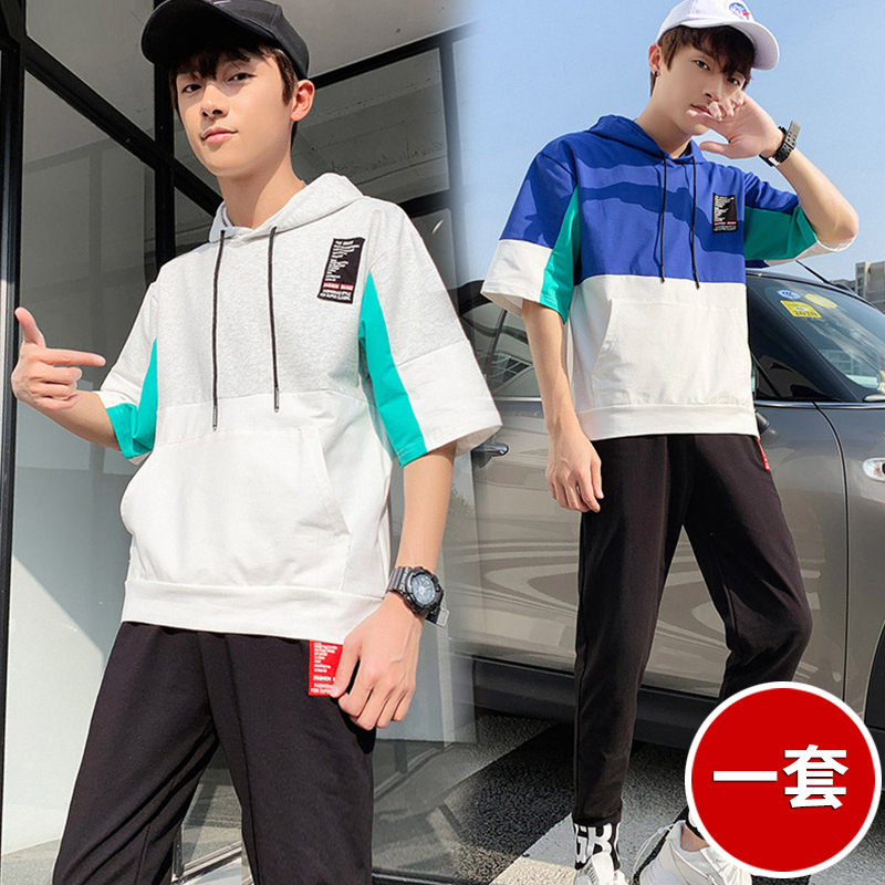 man suit Trend leisure time 2019 new pattern summer Easy handsome Hooded Short sleeved T-shirt men's wear Summer wear a setin the Men's clothing, Set , Leisure sports suit category - from Buy2taobao.com to provide professional Taobao agent buy service