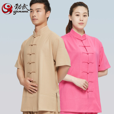 劲武弹力麻太极服短袖女夏季太极拳表演服装晨练练功服男款武术服
