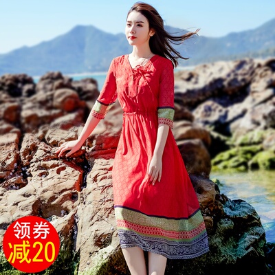 夏季民族风沙滩裙女巴厘岛海南三亚泰国普吉岛海边度假显瘦连衣裙