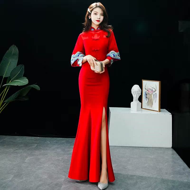 红色敬酒服新娘2019新款气质时尚礼服显瘦长款结婚中式鱼尾旗袍女在类目 女装/女士精品, 婚纱/旗袍/礼服, 礼服/晚装中 - 来自Buy2taobao.com提供专业的淘宝代购服务