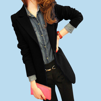 2017春秋装新款韩版小西装女外套中长款时尚修身黑色休闲西服上衣