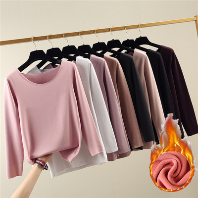 冬秋无痕加绒加厚打底衫女圆领长袖T恤纯色百搭修身内搭保暖上衣