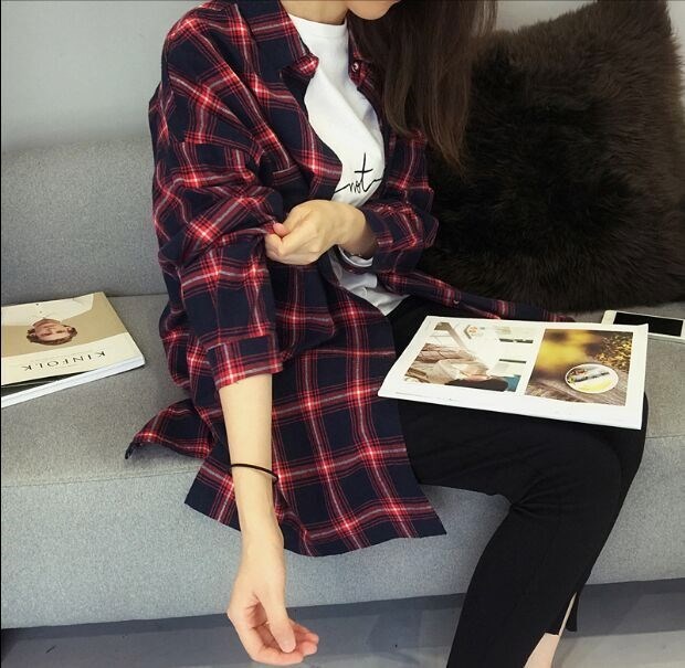 2017 Autumn Versatile College wind Easy Mid length version lattice lady shirt Long sleeve student coat jacketin the Women's clothing/Boutique , Shirt category - from Buy2taobao.com to provide professional Taobao agent buy service