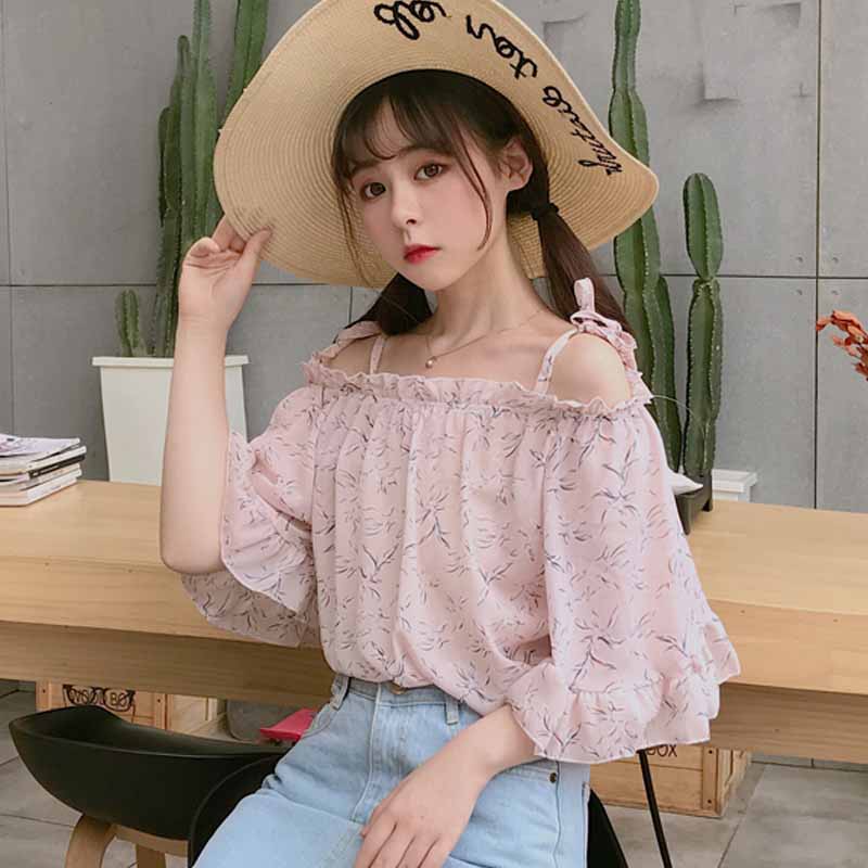 2017 Summer new Off Shoulder Chiffon Blouse Korean Edition Easy Floral tape fairy strapless Chiffon shirtin the Women's clothing/Boutique , Lace shirt/Chiffon shirt category - from Buy2taobao.com to provide professional Taobao agent buy service