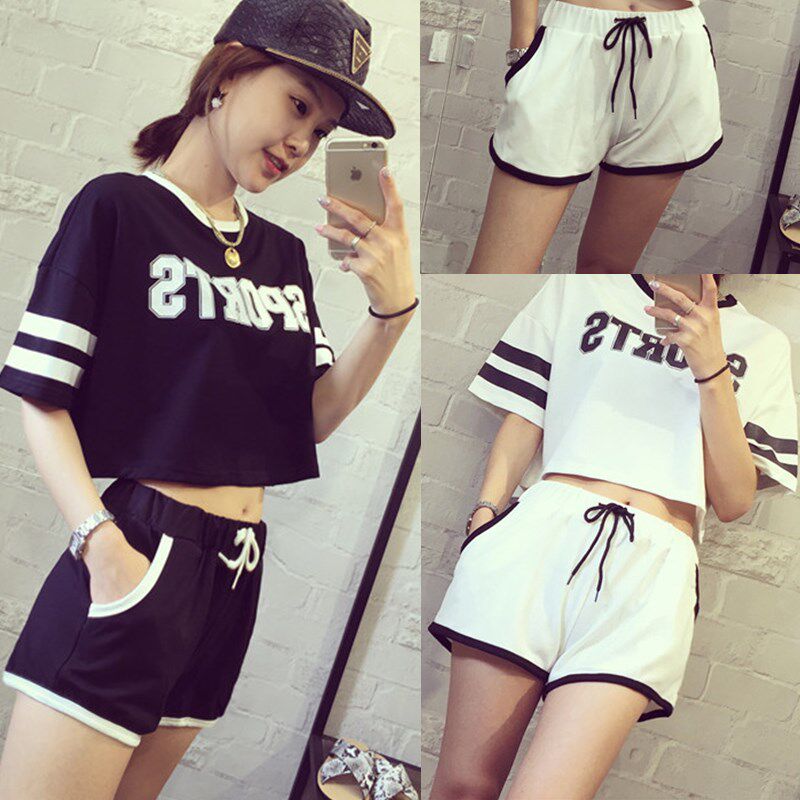 欧洲站2019夏季新款韩版休闲套装女短款时尚宽松学生运动服两件套