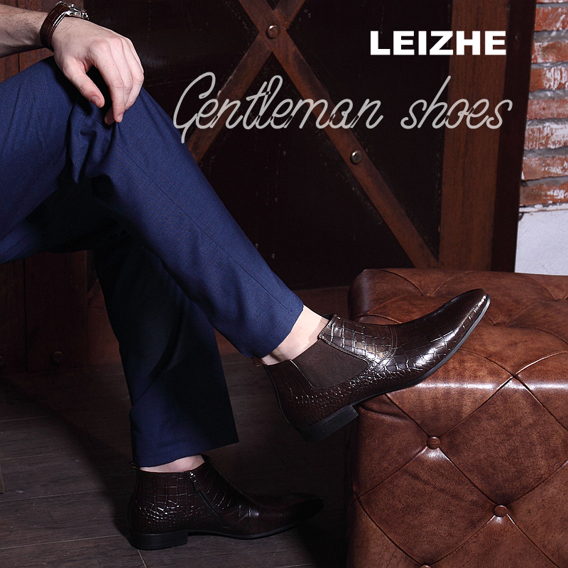 LEIZHE Men's high leather shoes England Pointed boots Short tube crocodile Striae Boots Bootie Chelseain the Men's Shoes, Boots category - from Buy2taobao.com to provide professional Taobao agent buy service