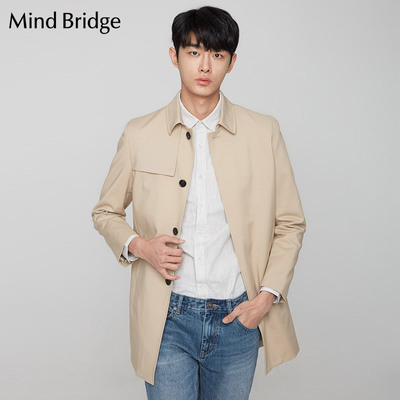 mind bridge百家好男装 时尚修身纯色中长款男式大衣风衣mrca1101