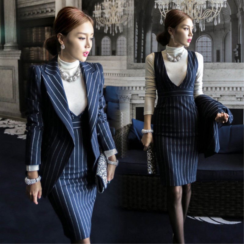 条纹西装套装女气质职业ol时尚长袖修身西服+背带v领连衣裙两件套在类目 女装/女士精品, 套装/学生校服/工作制服, 职业女裙套装中 - 来自Buy2taobao.com提供专业的淘宝代购服务