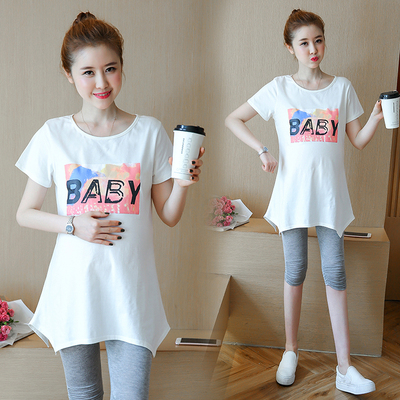 孕妇夏装套装时尚款2018新款怀孕期宽松短袖上衣中长款t恤两件套