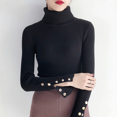 2019秋冬新款黑色高领针织毛衣女修身套头韩版加厚长袖简约打底衫