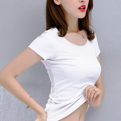 白色修身纯棉短袖t恤女夏2018新款纯色半袖短款体恤黑色简约百搭