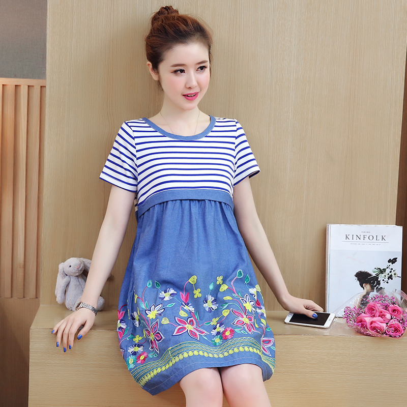 2019夏装新款牛仔连衣裙宽松大码条纹假两件上衣中长款哺乳孕妇装|ruв категории Всё для беременных и кормящих, материнство, платье - от Buy2taobao.com для оказания профессиональной услуги покупки агента Taobao