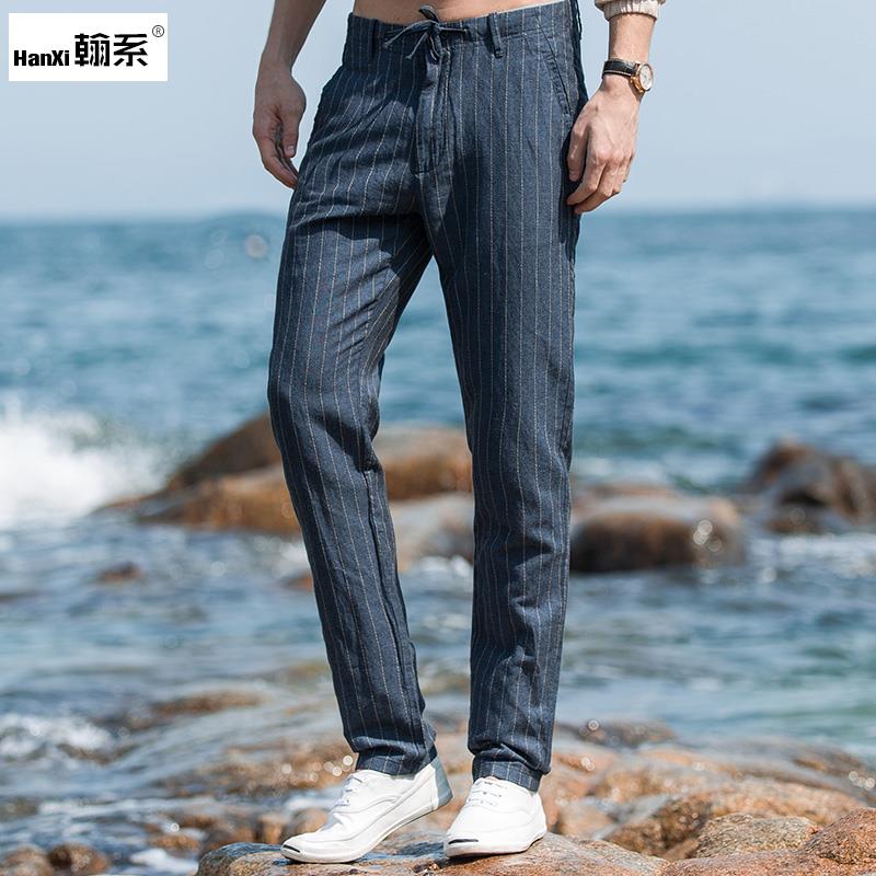 高档夏季薄款男裤亚麻长裤条纹棉麻裤修身小脚松紧系带休闲裤麻料在类目 男装, 休闲裤中 - 来自Buy2taobao.com提供专业的淘宝代购服务