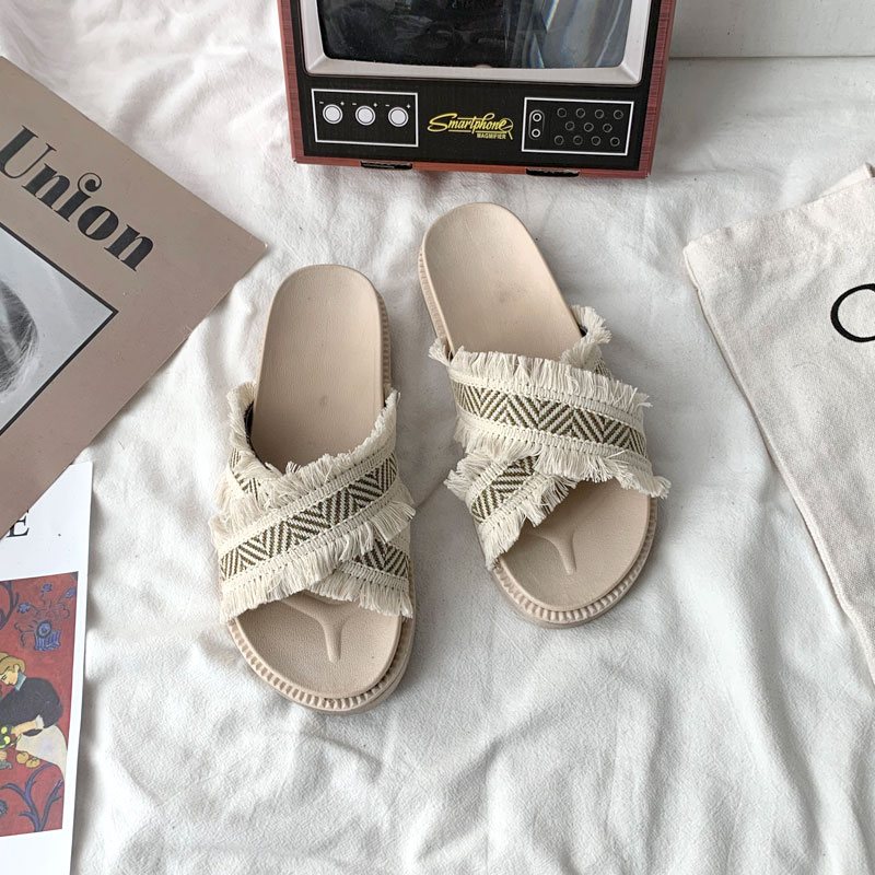 Retro tassels Cross-belt Muffin The thickness of the bottom Word tow Exorcism 2019 new pattern Korean Edition Versatile Sandy beach slipperin the Women's Shoes, Slippers category - from Buy2taobao.com to provide professional Taobao agent buy service