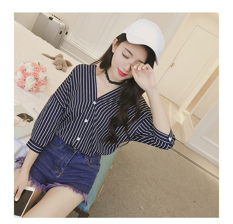 Bought in Japan spring clothes new pattern Women's wear Korean Edition Self cultivation stripe Versatile Primer shirt around V-neck Backless Sleevein the Women's clothing/Boutique , Shirt category - from Buy2taobao.com to provide professional Taobao agent buy service