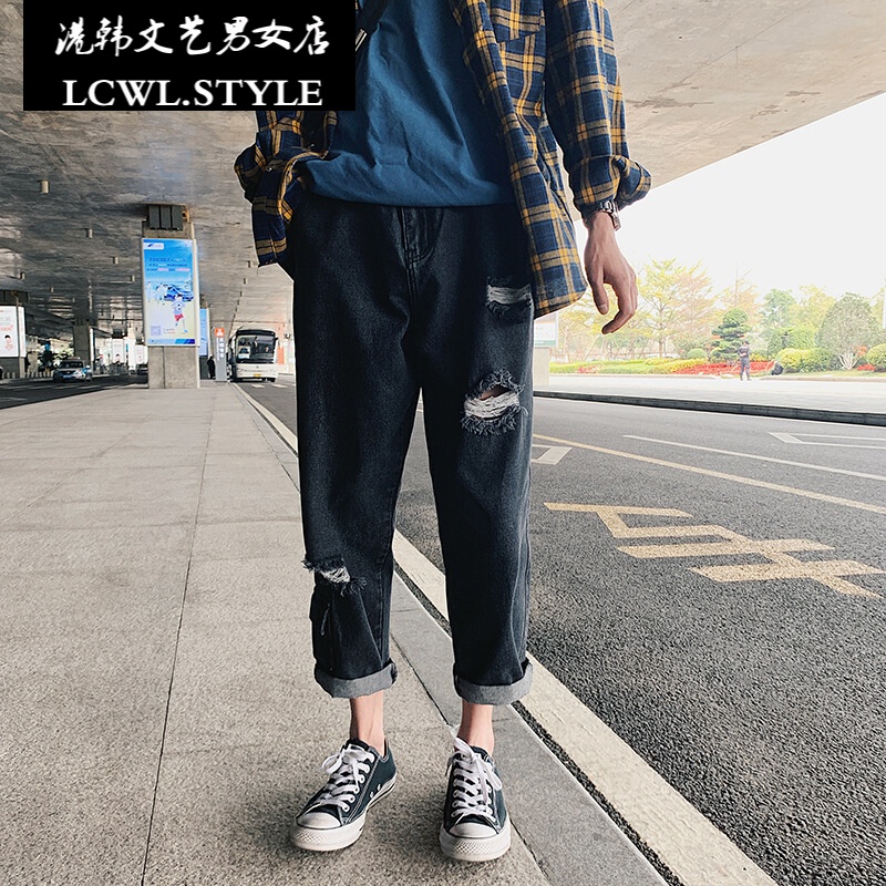 九分牛仔裤男个性青少年乞丐裤夏季潮男新品破洞裤潮流浅蓝色休闲|ruв категории спортивный костюм/досуг одежды, спортивные брюки, движение джинсы - от Buy2taobao.com для оказания профессиональной услуги покупки агента Taobao