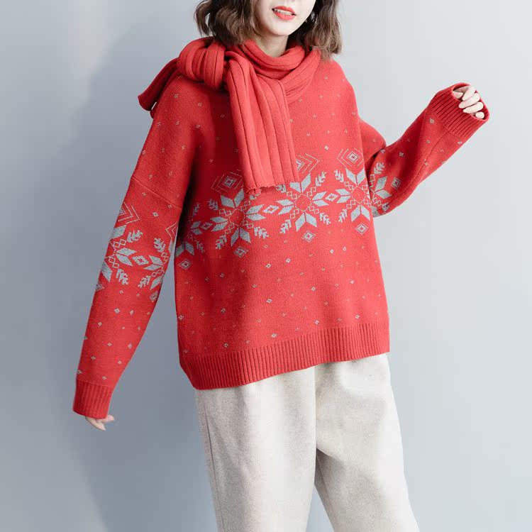【清濯】圣诞雪花带一条围巾宽松休闲圆领女式毛衣-大红|msdalam kategori Butik wanita / wanita, sweater - dari Buy2taobao.com untuk memberikan perkhidmatan ejen Taobao profesional membeli
