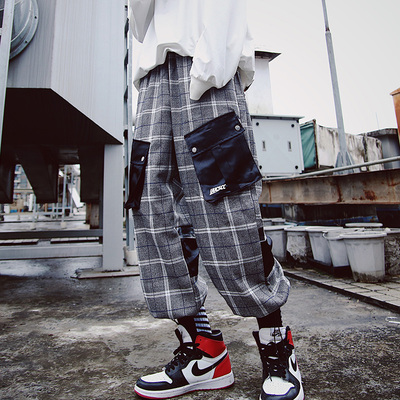 UUCSCC秋冬ins国潮嘻哈潮牌宽松多口袋格子哈伦束脚工装裤男