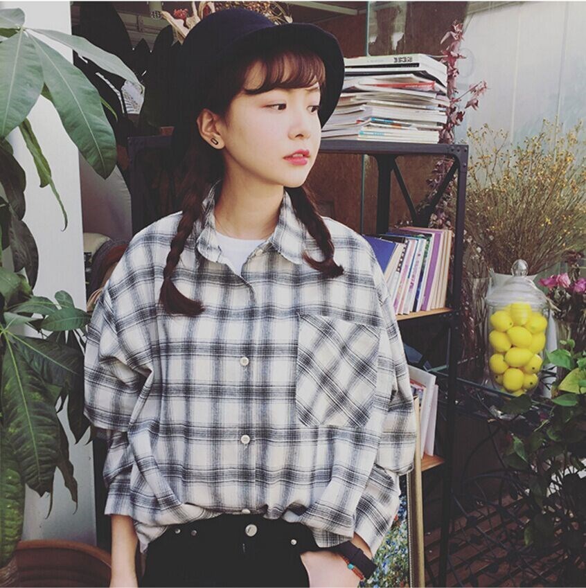 春季新款韩版复古格子长袖衬衫女宽松百搭学生上衣打底开衫外套在类目 女装/女士精品, 衬衫中 - 来自Buy2taobao.com提供专业的淘宝代购服务