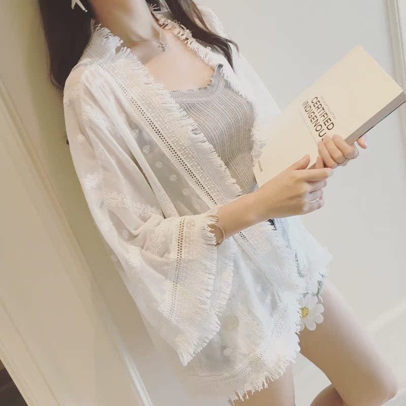 甜美薄开衫心机薄纱洋气衣女学生韩版宽松空调薄款流苏海边在类目 女装/女士精品, 蕾丝衫/雪纺衫中 - 来自Buy2taobao.com提供专业的淘宝代购服务
