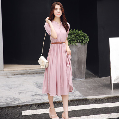 气质修身学院风百褶裙女2019夏季新款雪纺连衣裙中长款很仙的短袖