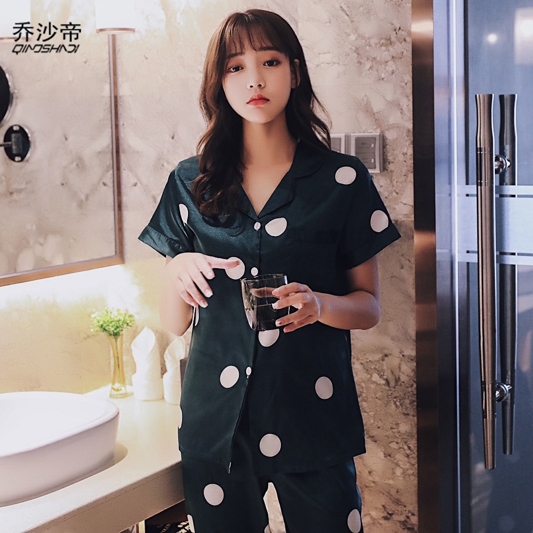 夏季仿丝新短袖睡衣女士休闲开衫V领套装性感翻领舒适家居服潮在类目 女士内衣/男士内衣/家居服, 睡衣上装中 - 来自Buy2taobao.com提供专业的淘宝代购服务