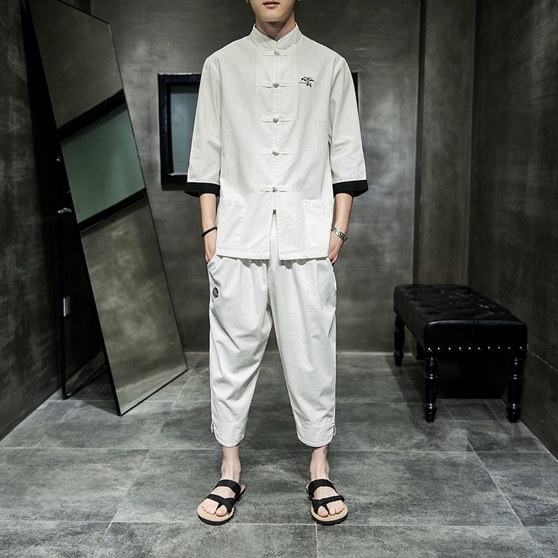 夏季亚麻套装男士个性一套帅气衣服七分袖T恤男短袖2019新款男装|ruв категории Мужская одежда, национальная одежда - от Buy2taobao.com для оказания профессиональной услуги покупки агента Taobao