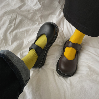 小黄桃韩国ulzzang女鞋vintage玛丽珍鞋圆头日系魔术贴奶萌小皮鞋