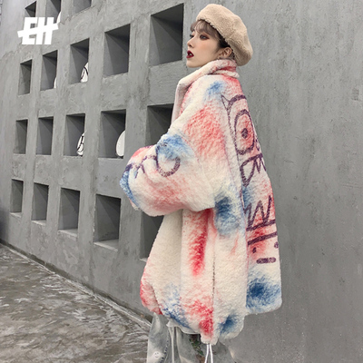 eh潮牌CALM 19AW秋冬季小怪兽彩喷羊羔绒男女款立领上衣外套棉服