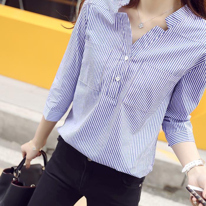 2018 Spring and summer Women's wear Korean Edition new pattern Versatile fresh Socket V-neck shirt student Three Quarter Sleeve stripe shirtin the Women's clothing/Boutique , Shirt category - from Buy2taobao.com to provide professional Taobao agent buy service