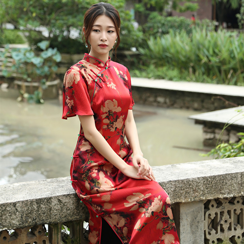 cheongsam Dress Chinese style Waist Short sleeved skirt Light wind cooked Mid length version Pearl satin gambiered Guangdong gauze Dressin the Women's clothing/Boutique , Dress category - from Buy2taobao.com to provide professional Taobao agent buy service