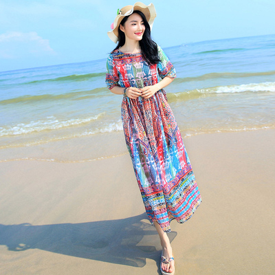 海边度假裙子柔美雪纺连衣裙夏收腰显瘦大码波西米亚长裙沙滩裙仙