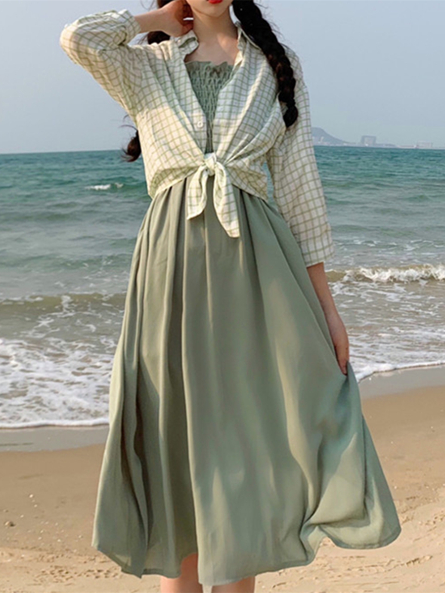 牛油吊带夏季衬衫新款桔梗大码果绿连衣裙两件套套装女装裙妹胖妹|ruв категории Женская одежда, женской одежды - от Buy2taobao.com для оказания профессиональной услуги покупки агента Taobao