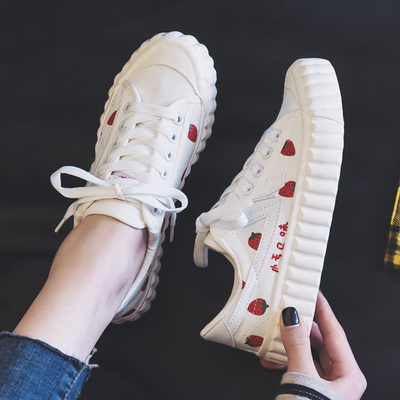 草莓帆布鞋女学生韩版ulzzang2019春季新款百搭基础平底小白板鞋