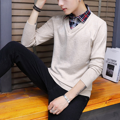 假两件毛衣男士2019冬季新款衬衫领针织衫男青少年学生纯色打底衫