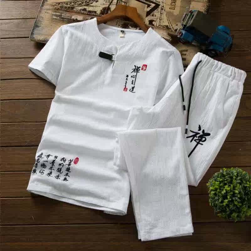 中国风夏季男式刺绣套装棉麻短袖T恤汉服亚麻禅心之道唐装民族服在类目 男装, T恤中 - 来自Buy2taobao.com提供专业的淘宝代购服务