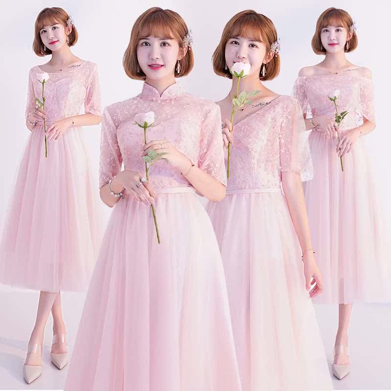 Pink bridesmaid dress 2019 new pattern Sisters Bridesmaid Dresses Mid length version Sister skirt Dress Tuxedo banquetin the Women's clothing/Boutique , Wedding/Cheongsam/Formal dress , Formal dress/Evening category - from Buy2taobao.com to provide professional Taobao agent buy service
