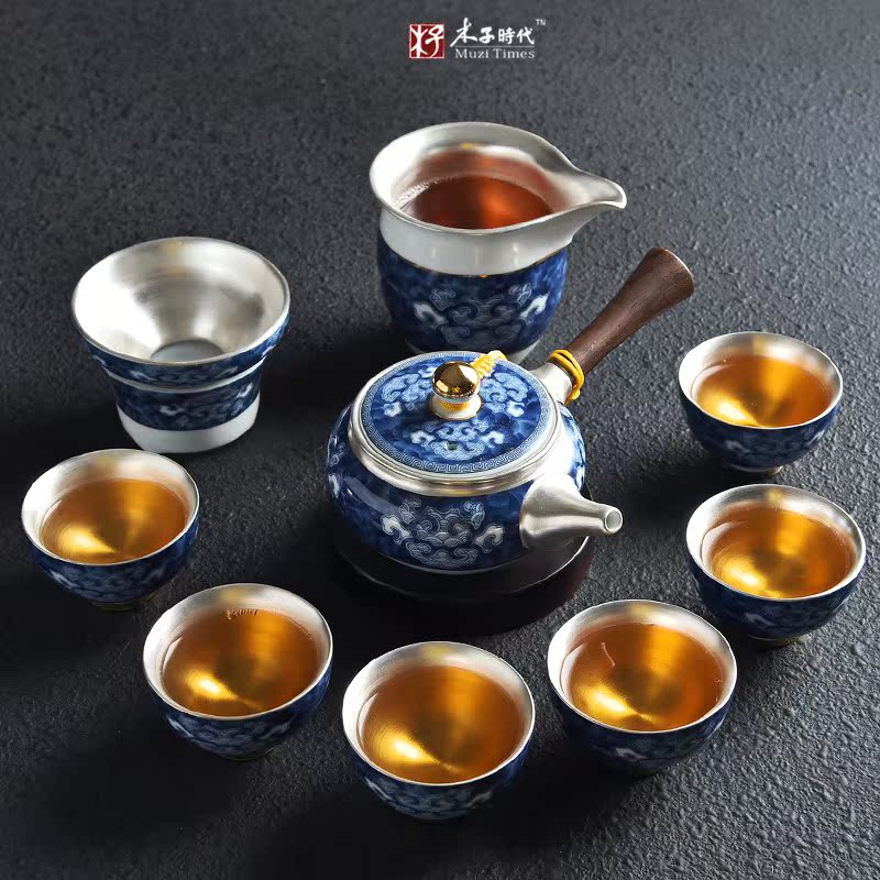 景德镇青花瓷茶具纯银日式家用镶银功夫茶具套装侧把壶陶瓷茶杯子|ruв категории посуда, чайный сервиз, кунг - Фу, чайный сервиз - от Buy2taobao.com для оказания профессиональной услуги покупки агента Taobao