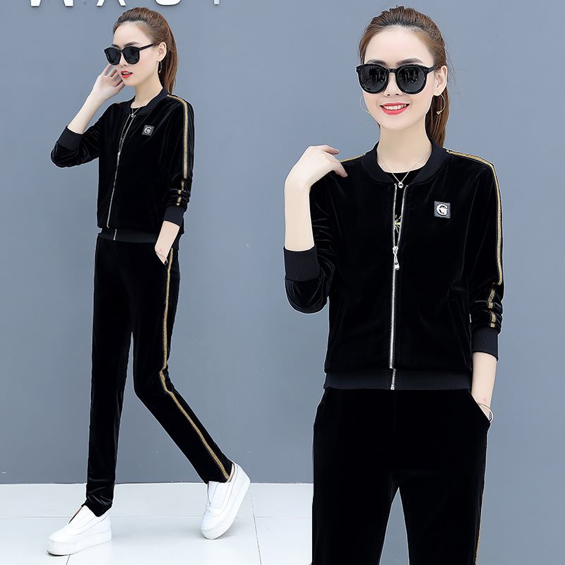 金丝绒三件套装女时尚2019新款短袖T恤长袖外套长裤运动服大码潮|ruв категории Женская одежда, костюм/студенты школьную форму/обмундирования, досуг, спортивный костюм - от Buy2taobao.com для оказания профессиональной услуги покупки агента Taobao