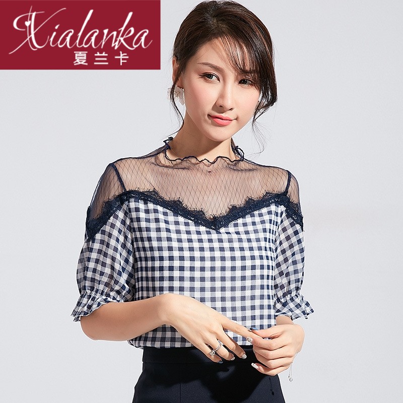 XIALANKA2019夏新款韩版小清新木耳边蕾丝圆领拼接蓝白格子短袖|ruв категории Женская одежда, рубашка - от Buy2taobao.com для оказания профессиональной услуги покупки агента Taobao